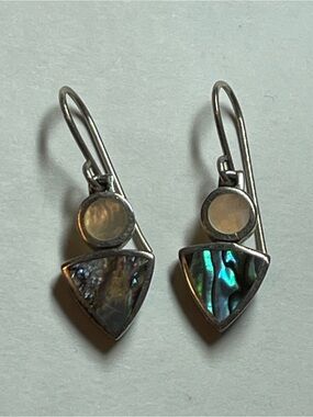 Vintage Sterling Mother Of Pearl Abalone Circle Triangle Dangle Earrings 3.2 G